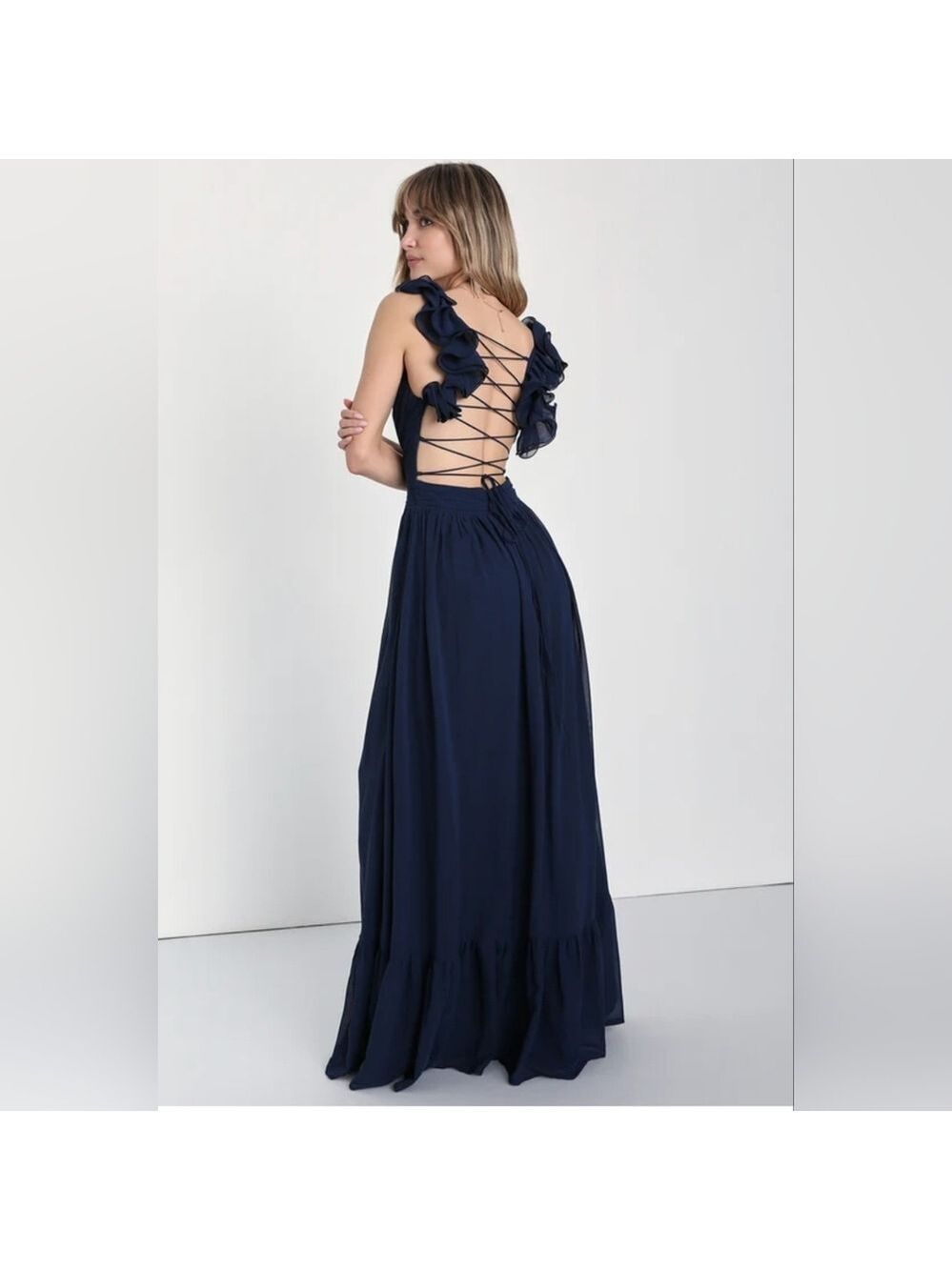 Lulus - Soiree Celebration Navy Blue Ruffled Lace-Up Maxi Dress